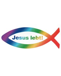 Aufkleber Fisch "Jesus lebt" - Regenbogen