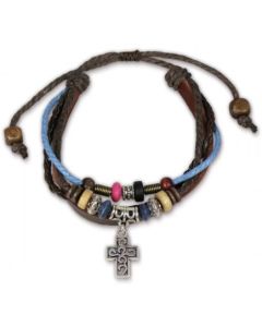 Lederarmband Kreuz/Perlen - blau/braun