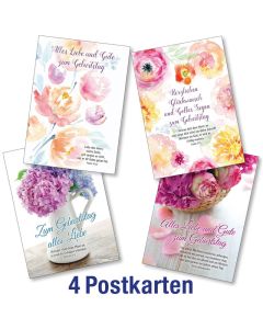 Postkartenserie: Geburtstag - gemischte Blumenmotive 4 Stk.