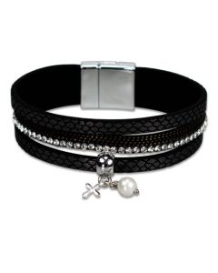 Armband mit Anhänger Perle und Kreuz - schwarz