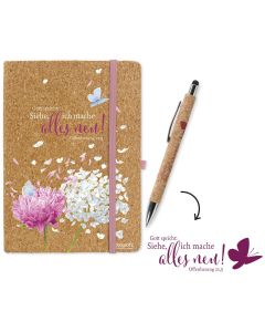 Kork-Notizbuch A5 mit Kugelschreiber - Jahreslosung 2026 Hortensie.