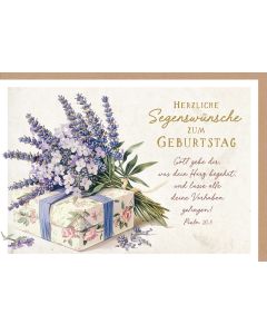 Faltkarte 'Herzliche Segenswünsche zum Geburtstag' 1x       Motiv: Geschenk mit Lavendel